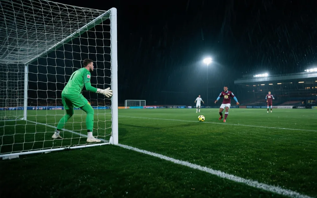 门将与前锋在禁区内对峙，时间紧迫的紧张氛围