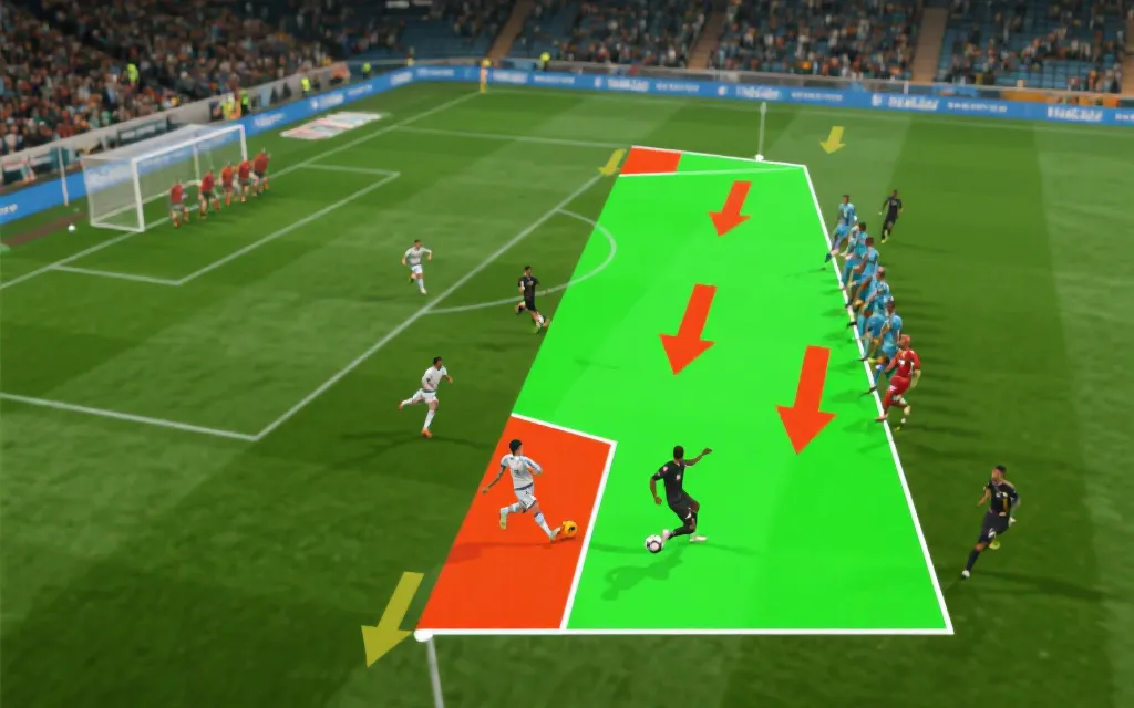 典型比赛片段可视化：中场直塞、前锋跑位与后防协防的战术箭头示意图