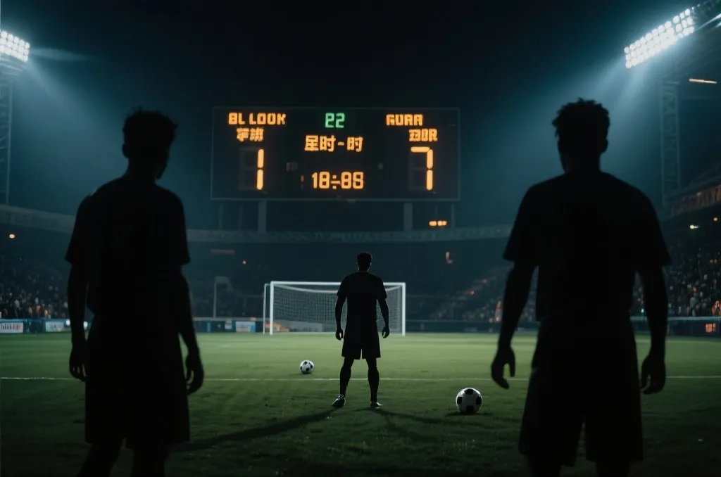 淘汰赛加时与点球大战的紧张氛围：记分牌与球员剪影